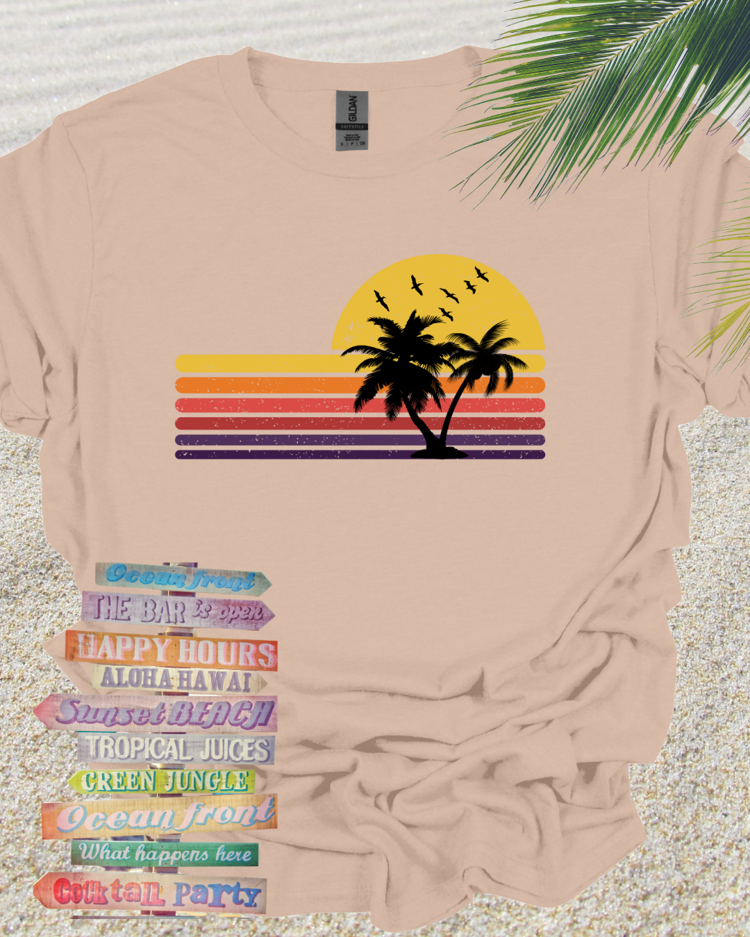 Distressed Retro Beach Sunset Palm